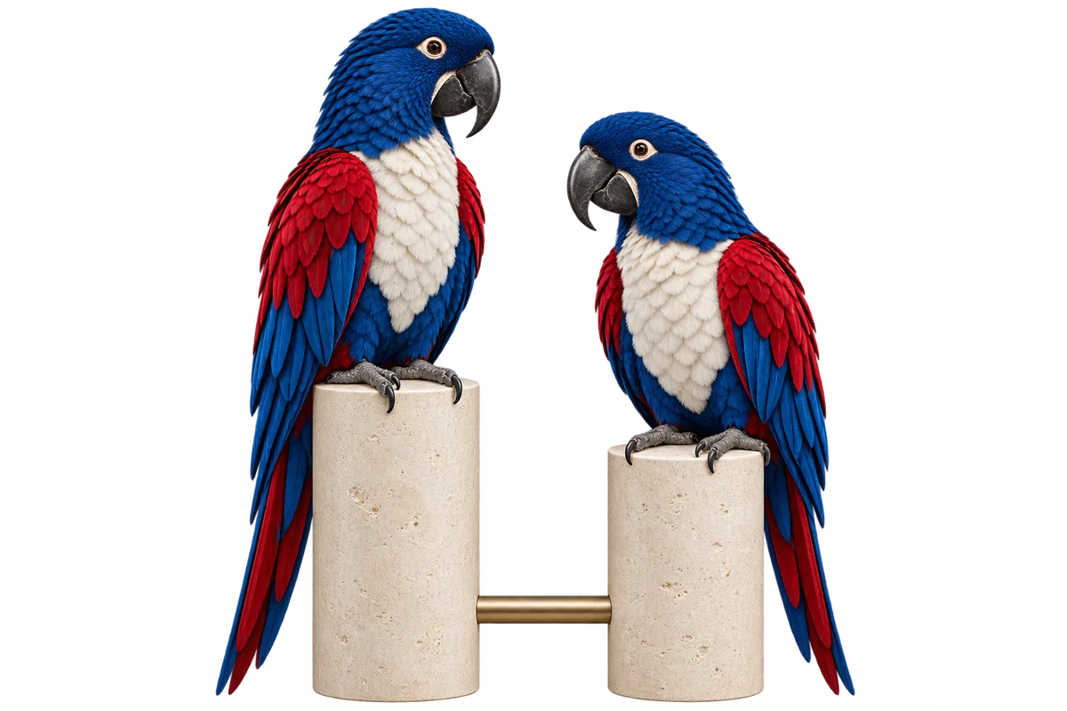 Two British-colour parrots perched on connected stone plinths